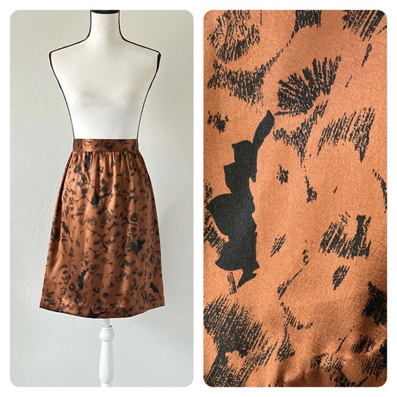 1980s Abstract Floral Print Skirt, 1980s Copper S… - image 1