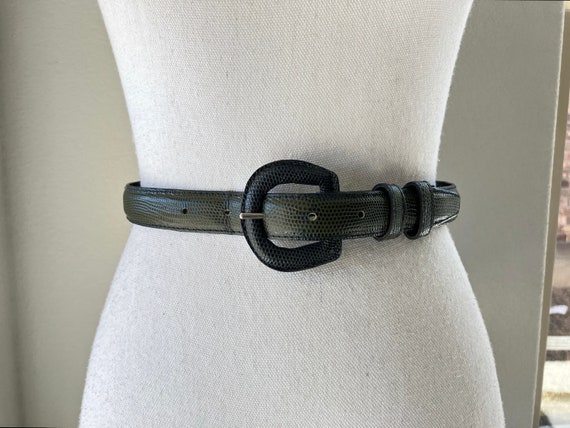 80s Stylish Vintage Olive Green Leather and Reptile Accents Belt 1980s Olive Lizard Skin Belt, Vintage Green Leather Belt - Etsy main image 4
