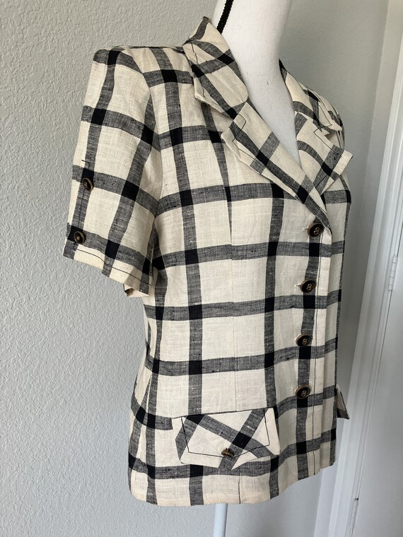 1990s Linen Short Sleeve Blazer, Vintage Windowpa… - image 4