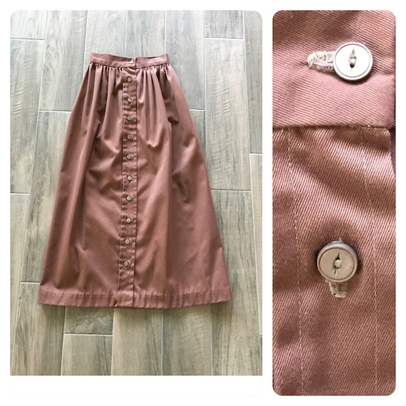 1980s Brown Button Down Skirt, 1970s Cotton Midi … - image 1