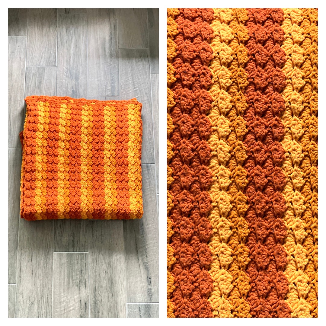 1970s Hand Knit Afghan Blanket Vintage Harvest Couch Throw Etsy