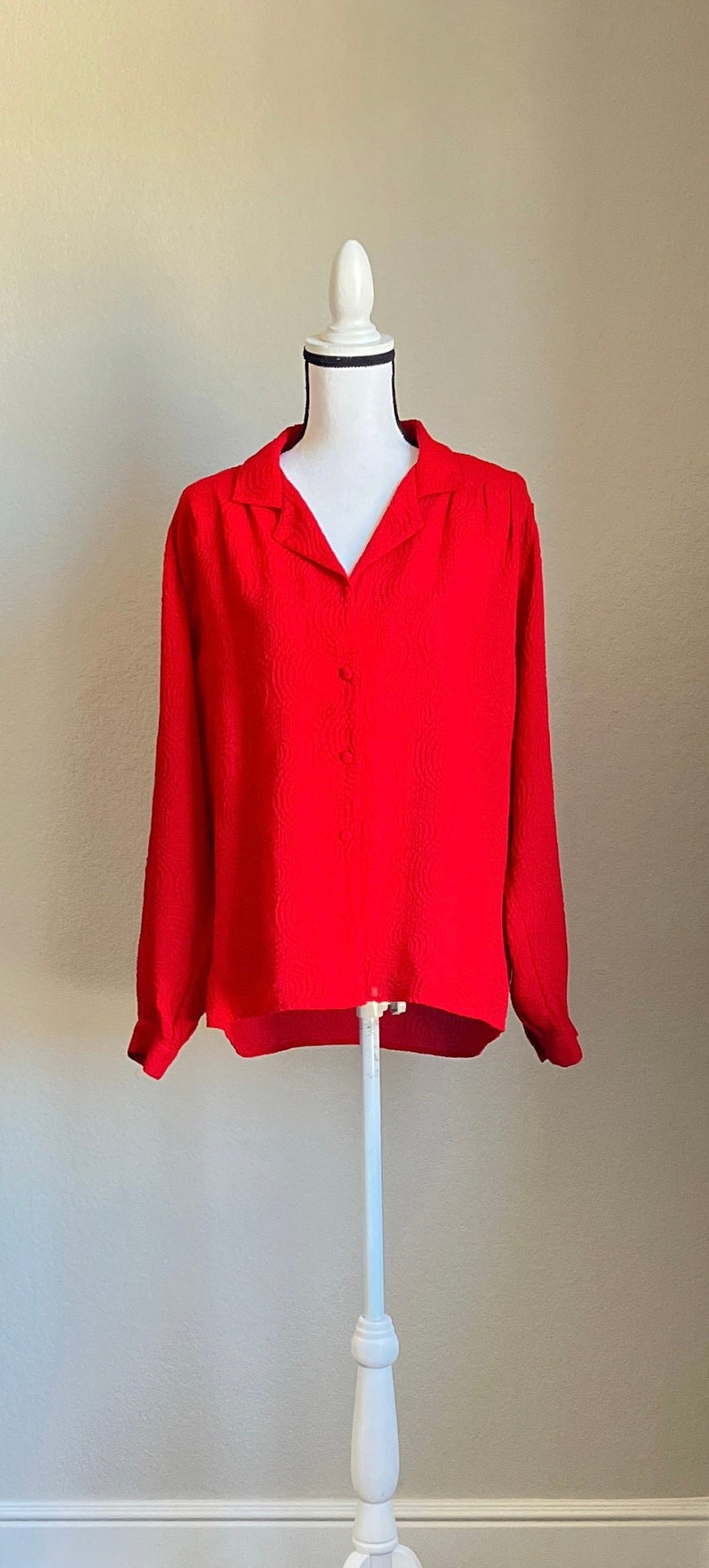 1970s Red Textured Polyester Blouse, Vintage Blouse with Swirl Pattern image 2