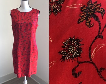 1990s Red and Black Satin Dress, Vintage Asian Inspired Dress