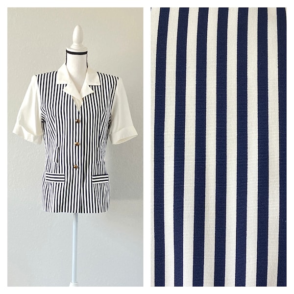 1980s Short Sleeve Blazer, Vintage Striped Long Line Jacket