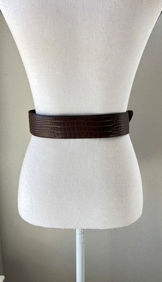 1980s Wide Faux Leather Belt, Vintage Croc Emboss… - image 3