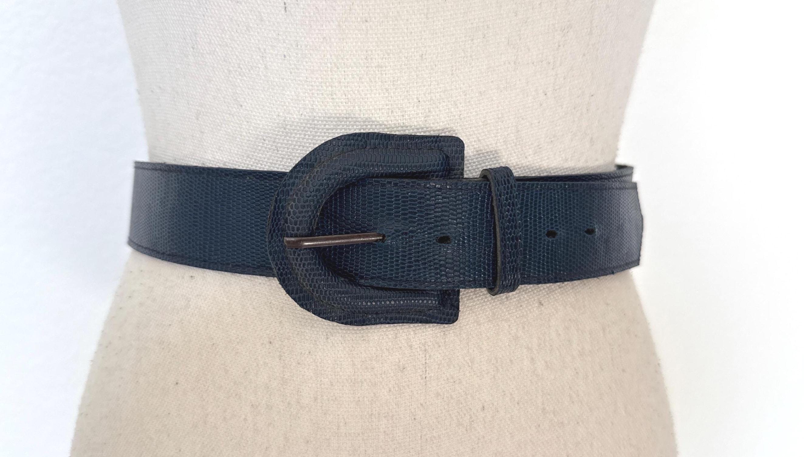 Vintage Blue Snakeskin & Leather Belt 30” 70s 80s Genuine Snakeskin Dark Blue Navy Skinny Patent Slim  main image 2