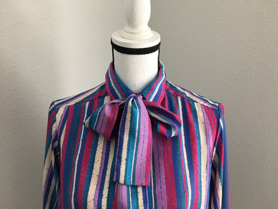 1980s Striped Bow Collar Blouse, Vintage Multicol… - image 3