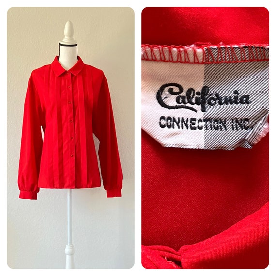 1980s Red Pleated Blouse, Vintage Plus Size Blouse - image 1