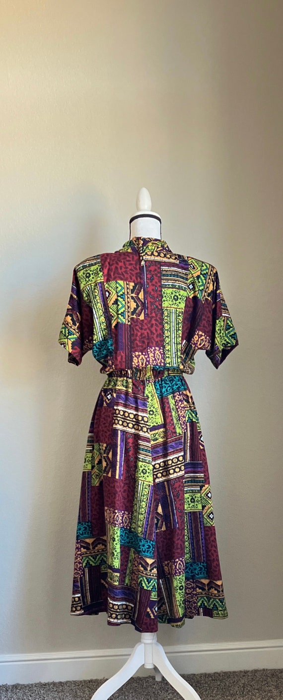 1980s Multi Print Dress, Vintage Shawl Collar Vib… - image 5