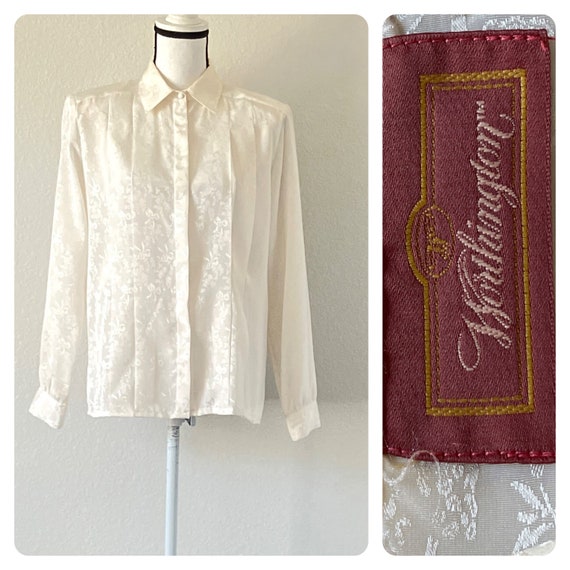 1980s Ivory Floral Blouse, Vintage Off White Satin