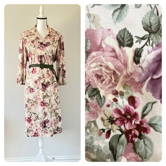 1980s Romantic Floral House Dress, Vintage Collar… - image 1