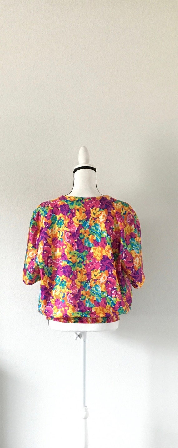 1980s Bright Floral Blouse, Vintage Silky Sweatsh… - image 6