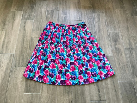 1980s Floral Pleated Skirt, Vintage Bright Midi S… - image 8