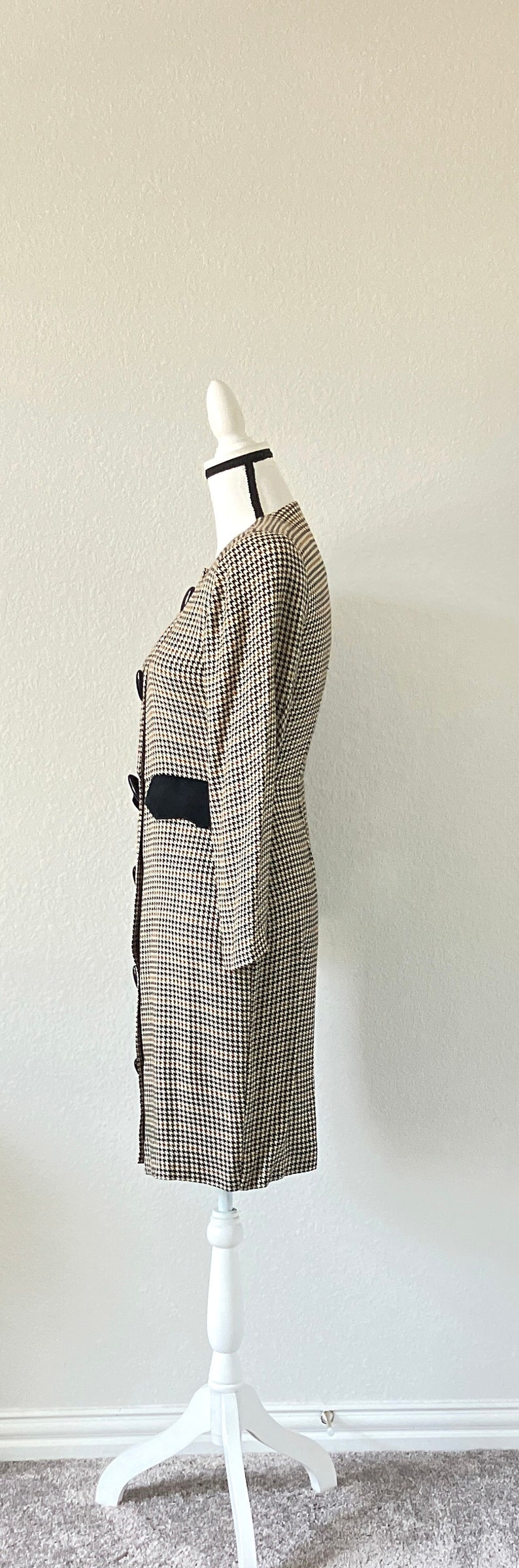 1980s Autumn Houndstooth Dress, Vintage Checkered Button Down Dress image 5