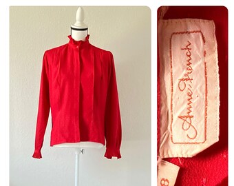 1970s Ruffle Neck Blouse, Vintage Red High Neck Blouse