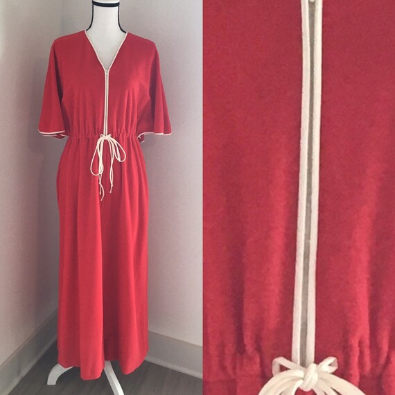 1970s Red Velour Robe,1970s Robe with Cape Shoulde