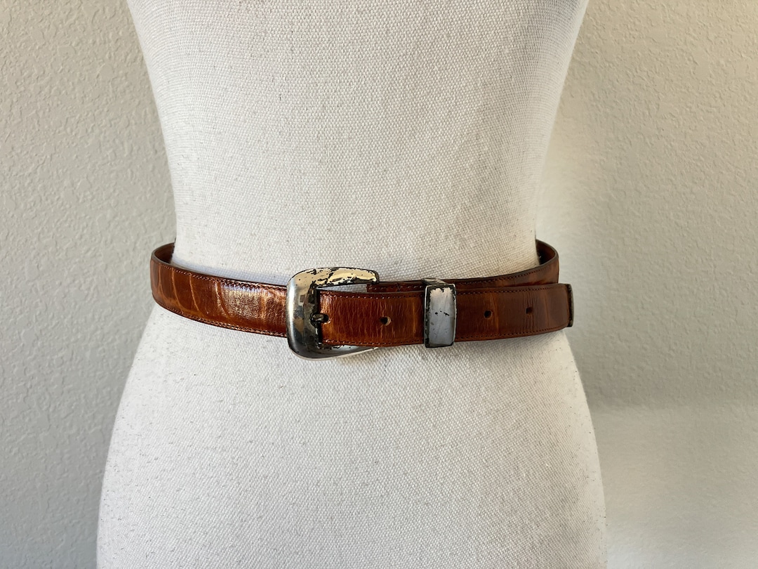 1990s Brown Faux Croc Belt, Vintage Crocodile Embossed Belt  display picture 1