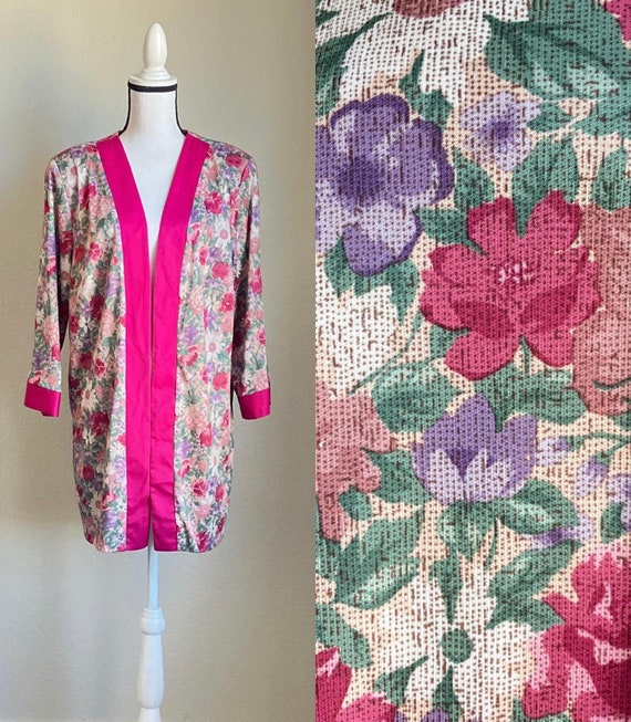 1980s 1990s Magenta Floral Midi Robe