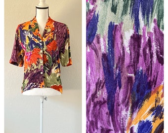 1980s Brushstroke Print Blouse, Vintage Colorful Short Sleeve Shirt