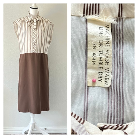 1960s Striped Dress with High Collar, Vintage Sle… - image 1