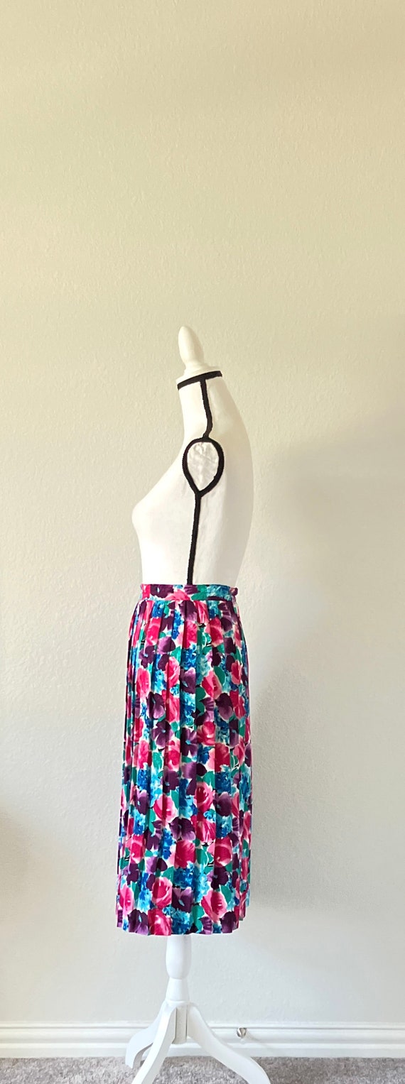 1980s Floral Pleated Skirt, Vintage Bright Midi S… - image 4