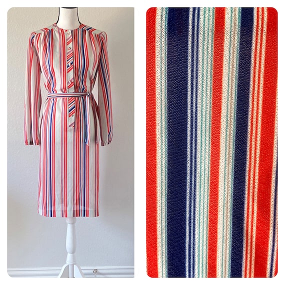 1960s Striped Belted Dress, 1970s Dress with Stri… - image 1