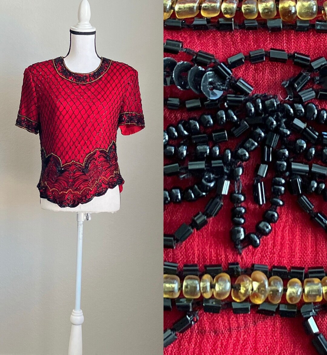 Vintage Round-Neck Beaded Loose Blouse – Black & Coffee