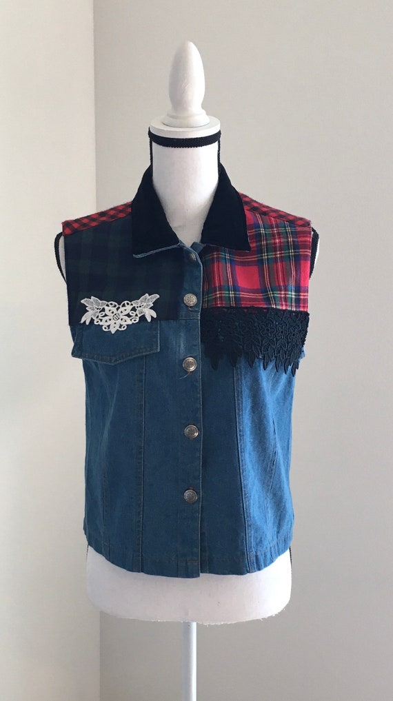 1990s Denim Western Vest, Vintage Jean and Flanne… - image 2