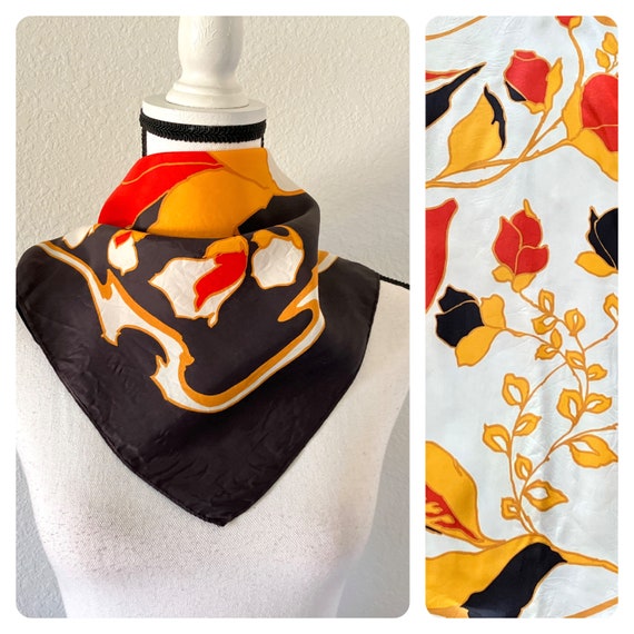 1970s Black and Gold Floral Scarf, Vintage Oversi… - image 1