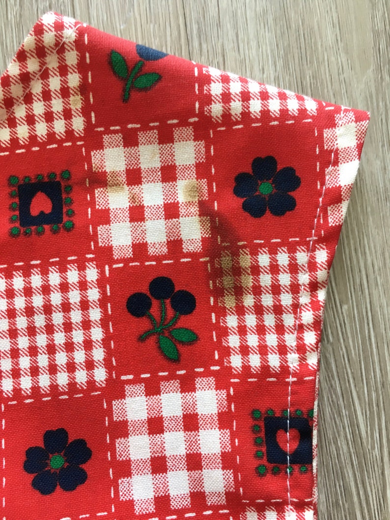 May include: Red and white gingham fabric with a patchwork design featuring blue and green floral and berry motifs.