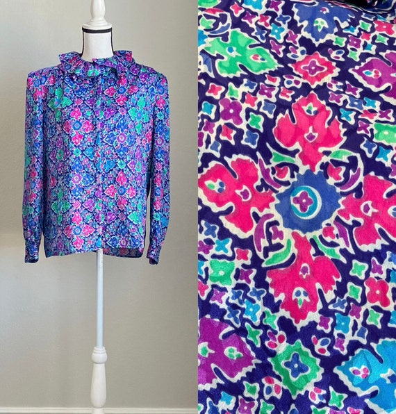 1980s Ruffle Neck Blouse, Vintage Colorful High Co