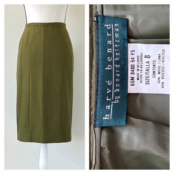 1990s Avocado Wool Skirt, Vintage Army Green A Line Skirt