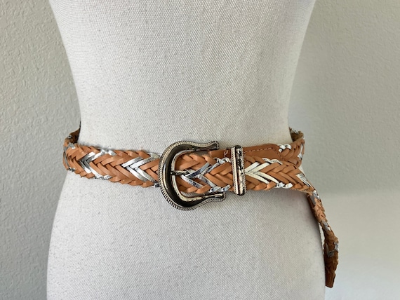 1980s Leather and Metallic Woven Belt, Vintage Tw… - image 1