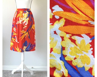 1980s Bright Floral Skirt, Vintage Red Midi Skirt