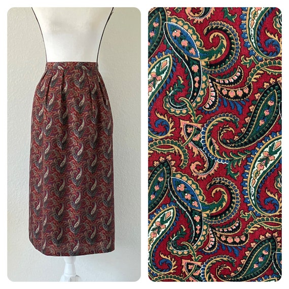 1980s Paisley Cotton Skirt, Vintage Autumn Midi S… - image 1