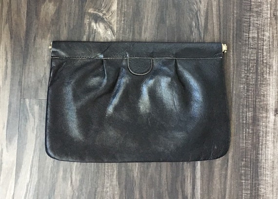 1980s Black Leather Clutch, Vintage Matte Black C… - image 1