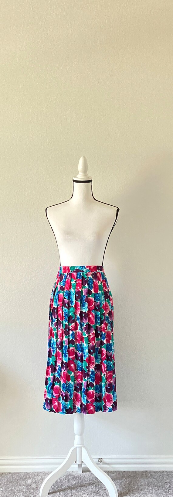 1980s Floral Pleated Skirt, Vintage Bright Midi S… - image 2