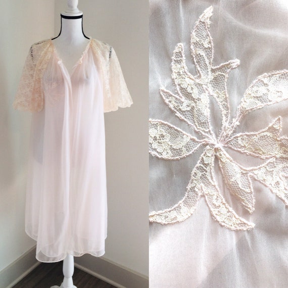 1960s Filmy Pink Peignoir, 1960s Sheer Pink Robe