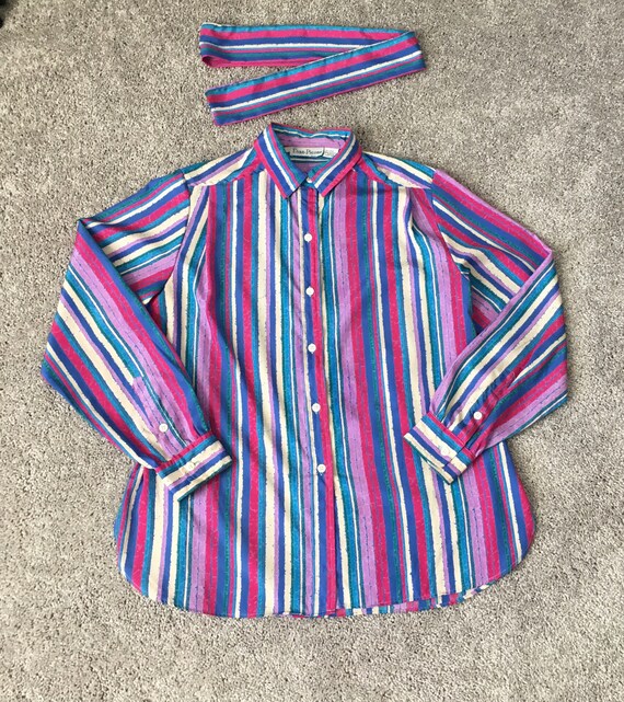 1980s Striped Bow Collar Blouse, Vintage Multicol… - image 9