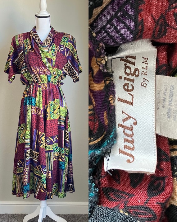 1980s Multi Print Dress, Vintage Shawl Collar Vib… - image 1