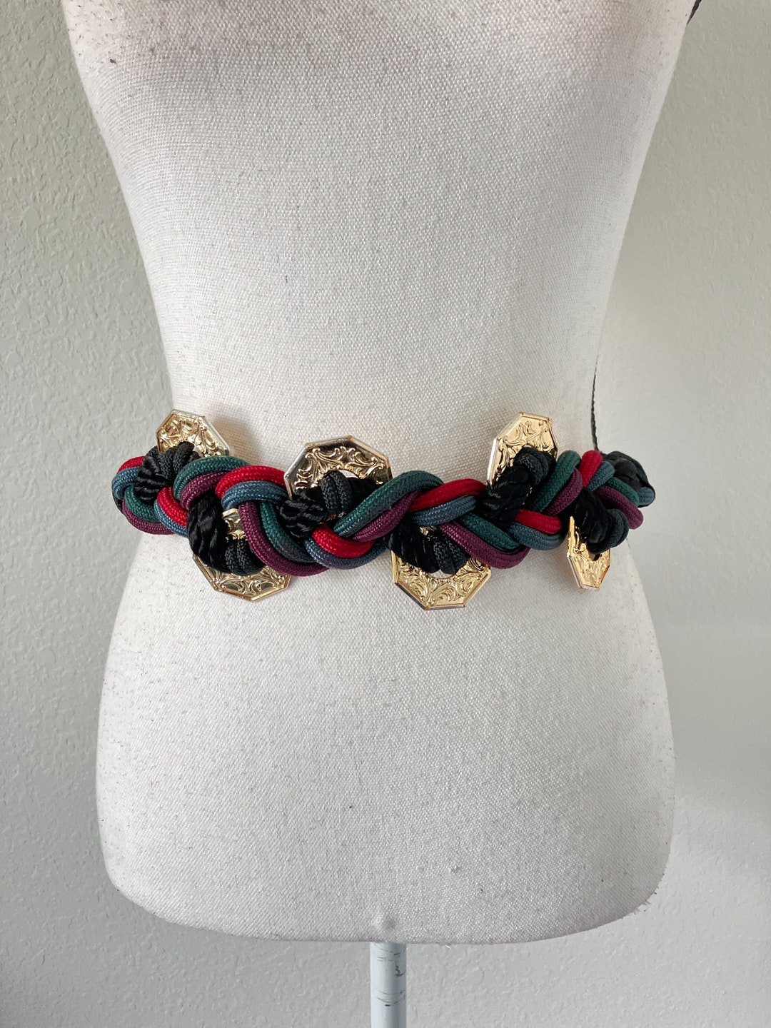 1980s Colorful Braided Rope Belt, Vintage Gold Medallion  display picture 2