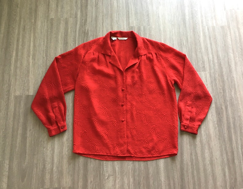 1970s Red Textured Polyester Blouse, Vintage Blouse with Swirl Pattern image 8