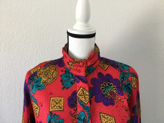 1980s Bright High Neck Blouse, Vintage Colorful T… - image 3