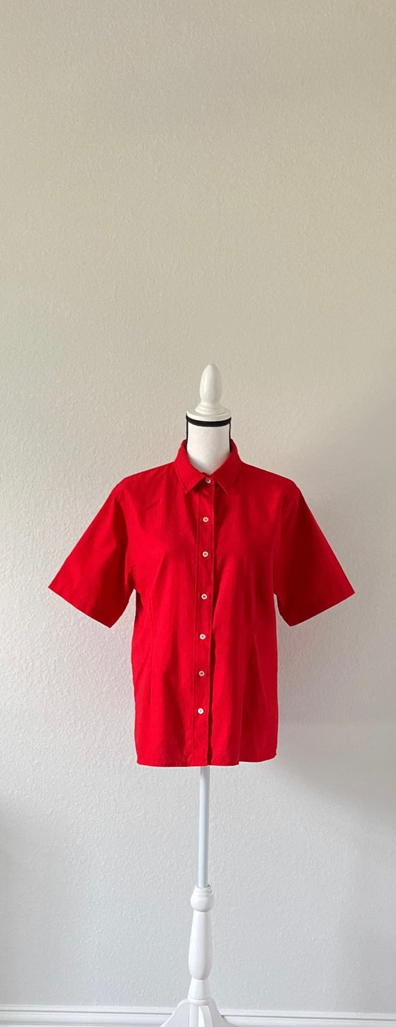 1980s Red Cotton Shirt, Vintage Short Sleeve Blou… - image 2