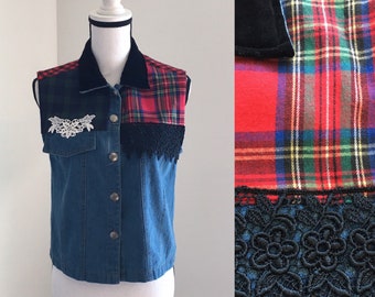 1990s Denim Western Vest, Vintage Jean and Flannel Vest