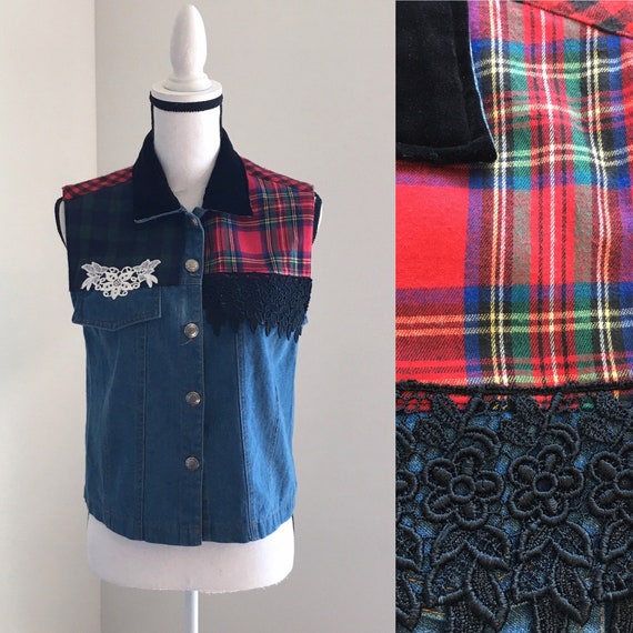 1990s Denim Western Vest, Vintage Jean and Flanne… - image 1