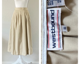 1990s Pleated Khaki Skirt, Vintage Tan Midi Skirt