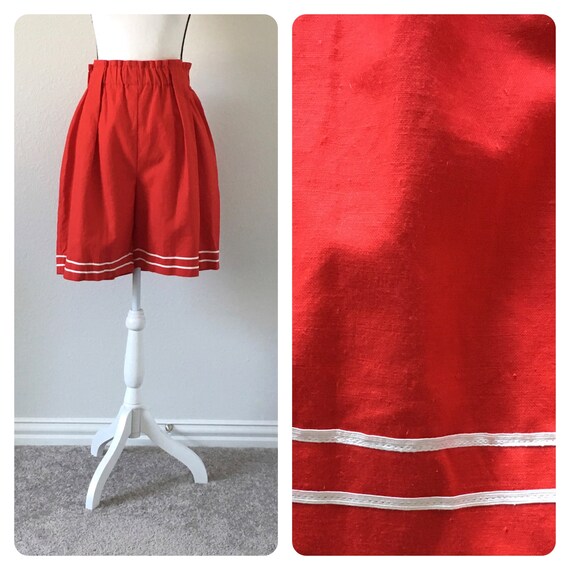 1980s Red Sailor Shorts, Vintage High Waisted Cot… - image 1