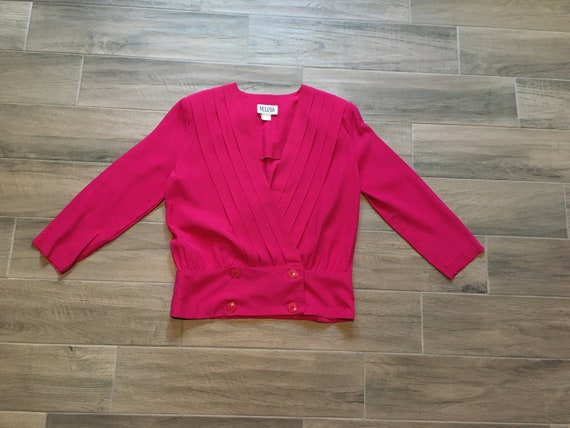 1980s Fuchsia Surplice Blouse, Vintage Pleated Bl… - image 9