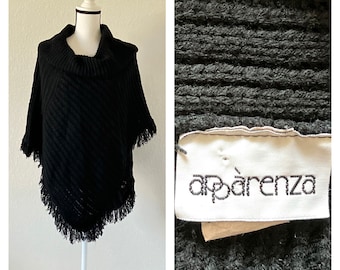 1990s Black Cable Knit Poncho, Vintage Fringed Cowl Neck Shawl